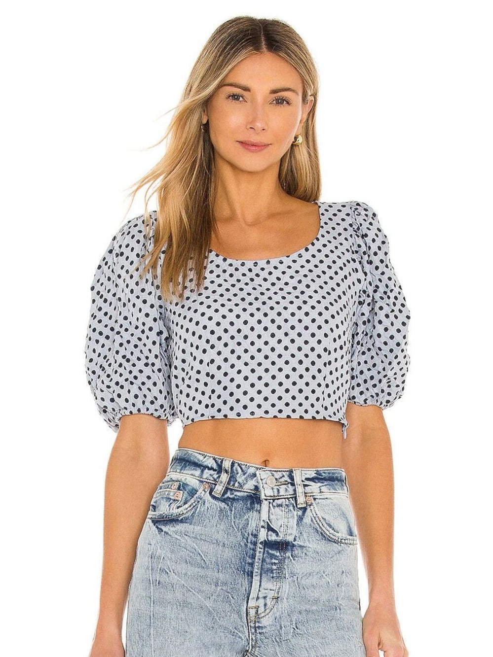 Free People White Polka Dot Puff-Sleeve Crop Top